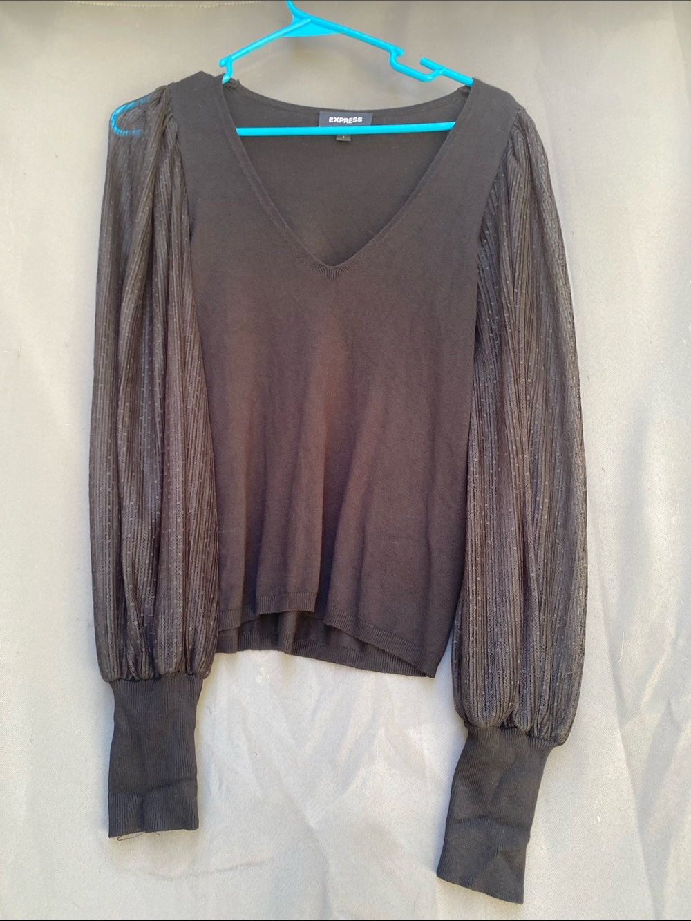 Express Black V-Neck Top with Sheer Balloon Sleeves